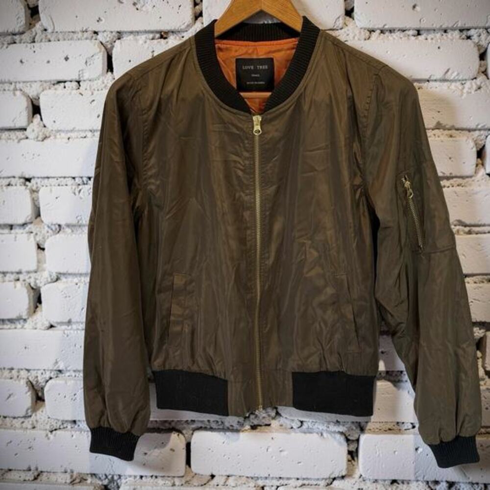 Love Tree Women's Bomber Jacket Army Green Orange‎ Lined Military Utility Sz S